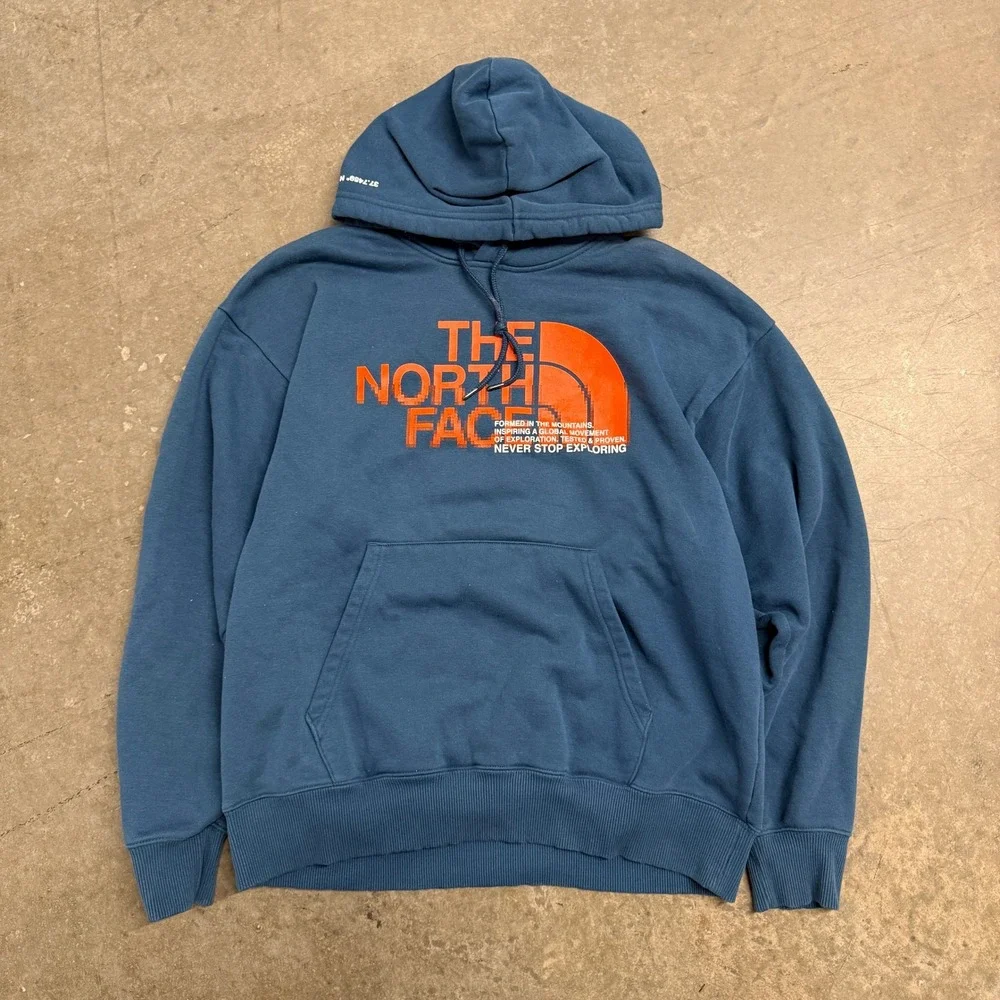 The North Face Mens Blue Orange Graphic Logo Hoodie Sweatshirt Size M